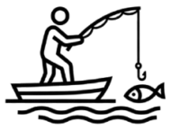 Minimalist line art logo featuring a person fishing from a small boat on wavy water, holding a fishing rod with a hooked fish.